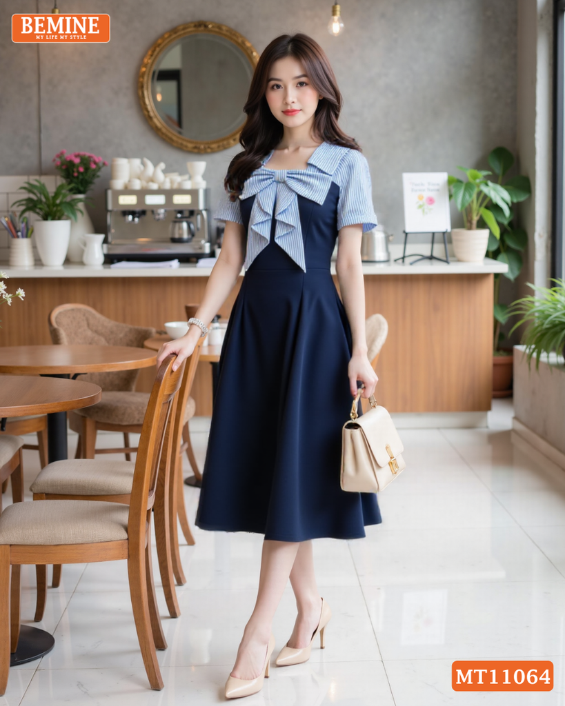 Đầm thiết kế BEMINE cổ vuông đính nơ phối sọc dáng chữ A MT11064