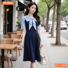 Đầm thiết kế BEMINE cổ vuông đính nơ phối sọc dáng chữ A MT11064