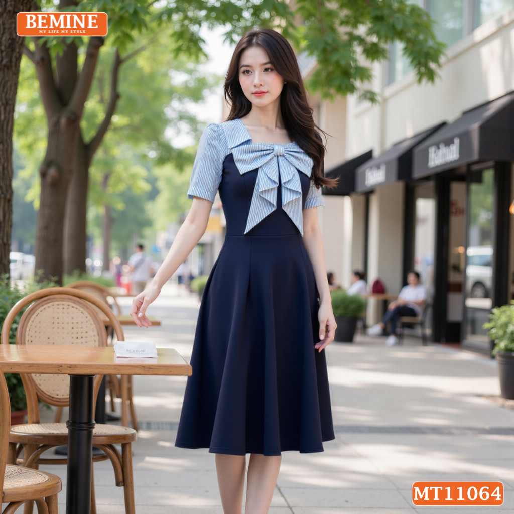 Đầm thiết kế BEMINE cổ vuông đính nơ phối sọc dáng chữ A MT11064