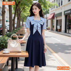 Đầm thiết kế BEMINE cổ vuông đính nơ phối sọc dáng chữ A MT11064