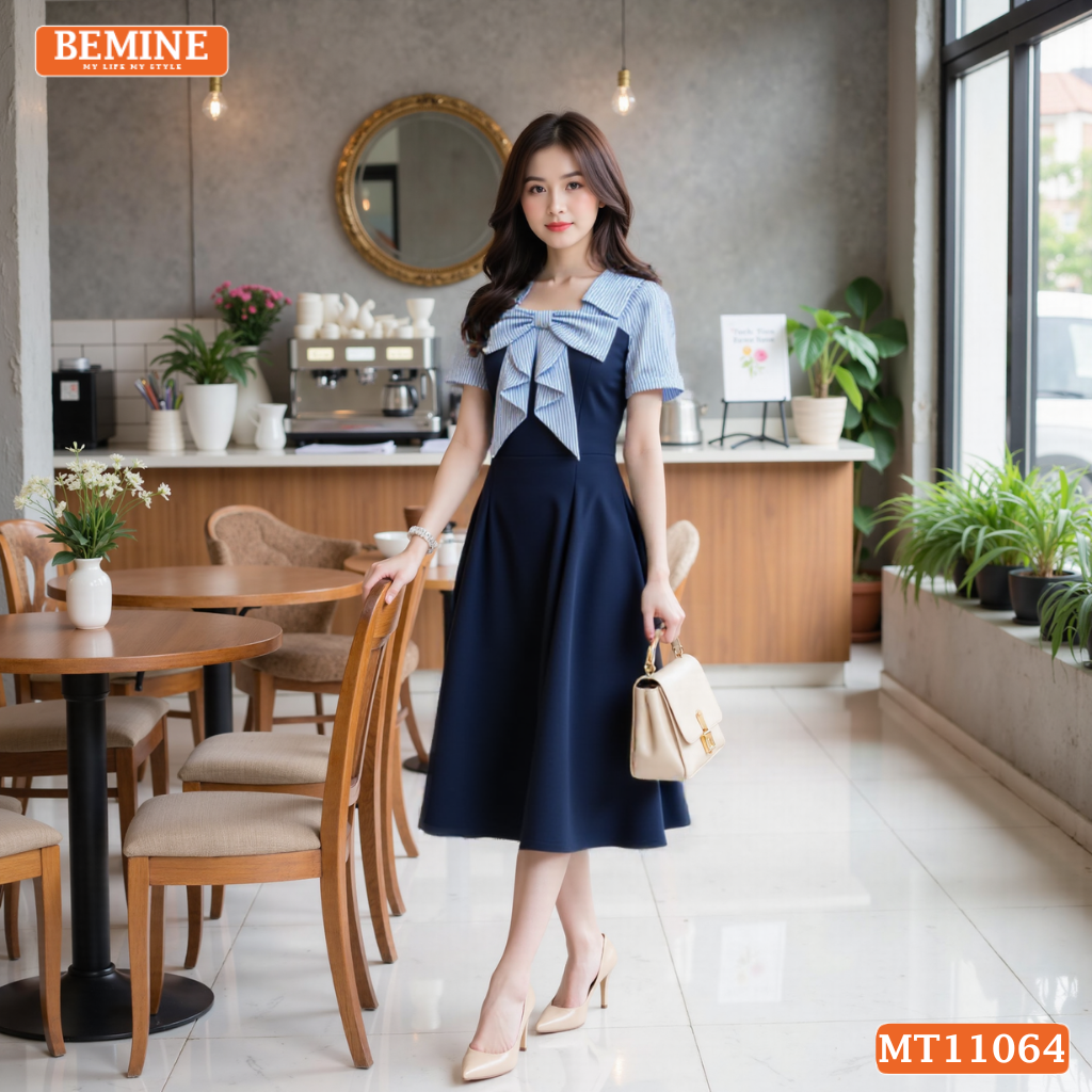 Đầm thiết kế BEMINE cổ vuông đính nơ phối sọc dáng chữ A MT11064