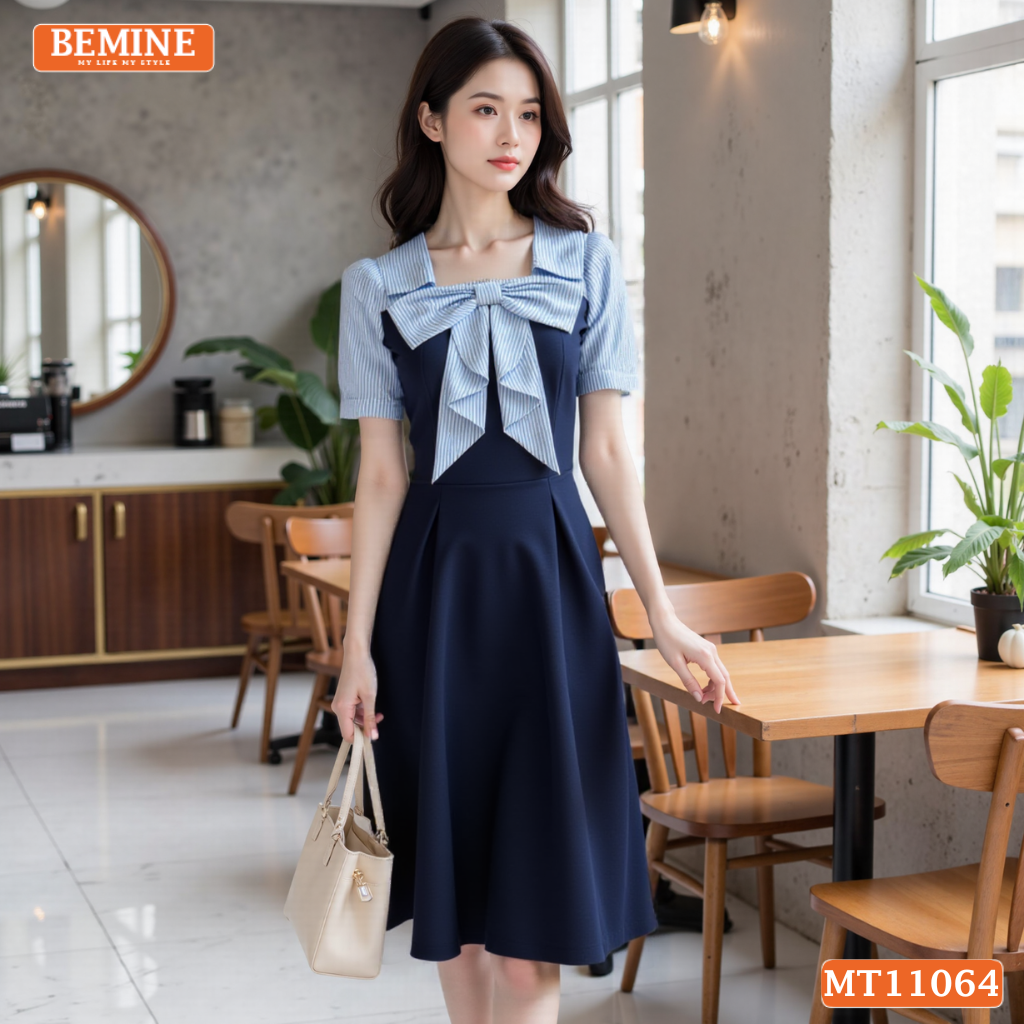 Đầm thiết kế BEMINE cổ vuông đính nơ phối sọc dáng chữ A MT11064