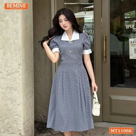 Đầm thiết kế BEMINE cổ V đính nơ họa tiết chấm bi dáng chữ A MT11066