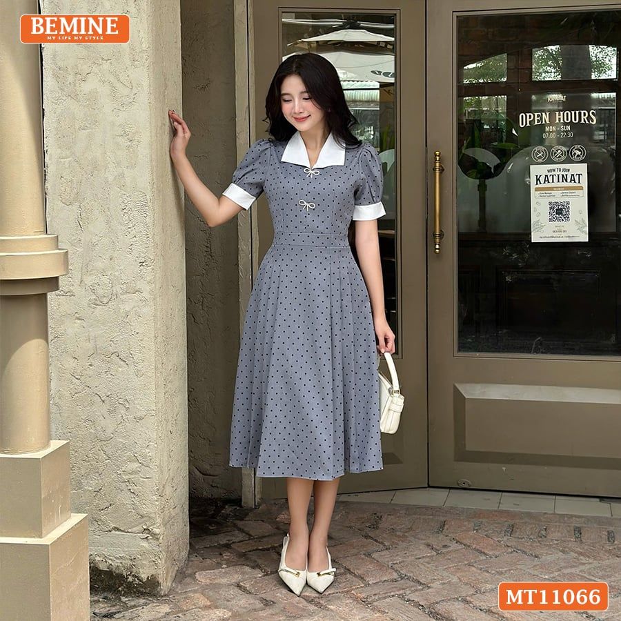 Đầm thiết kế BEMINE cổ V đính nơ họa tiết chấm bi dáng chữ A MT11066