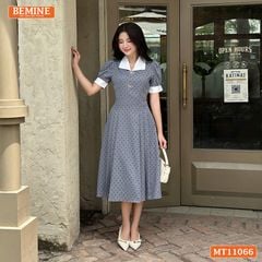 Đầm thiết kế BEMINE cổ V đính nơ họa tiết chấm bi dáng chữ A MT11066