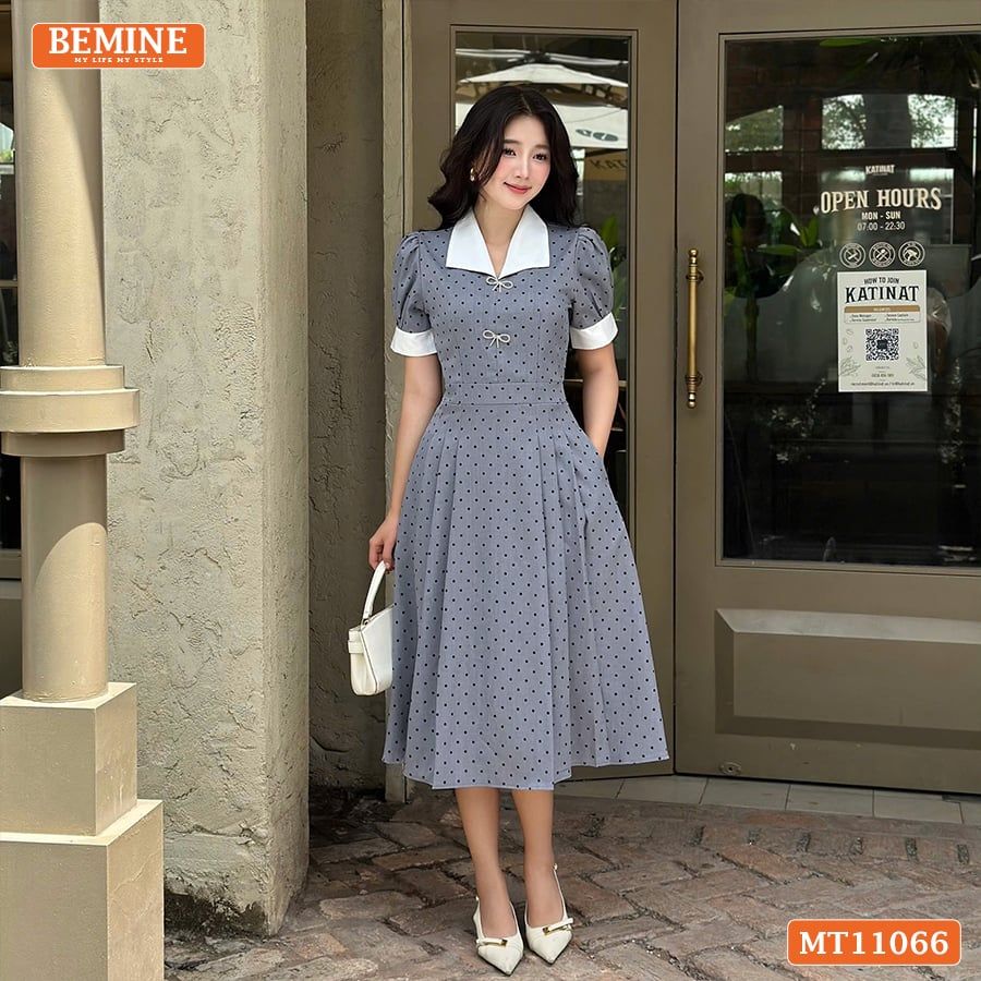 Đầm thiết kế BEMINE cổ V đính nơ họa tiết chấm bi dáng chữ A MT11066