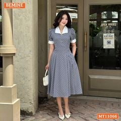 Đầm thiết kế BEMINE cổ V đính nơ họa tiết chấm bi dáng chữ A MT11066