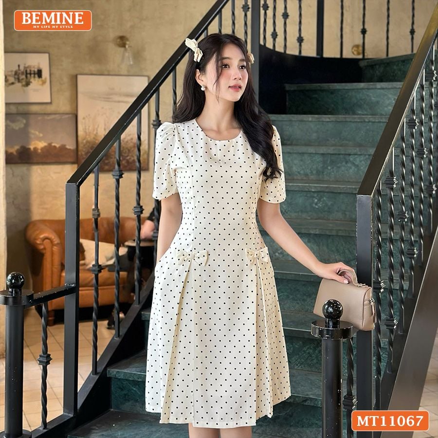 Đầm thiết kế BEMINE cổ tròn họa tiết chấm bi dáng chữ A phù hợp đi làm-MT11067