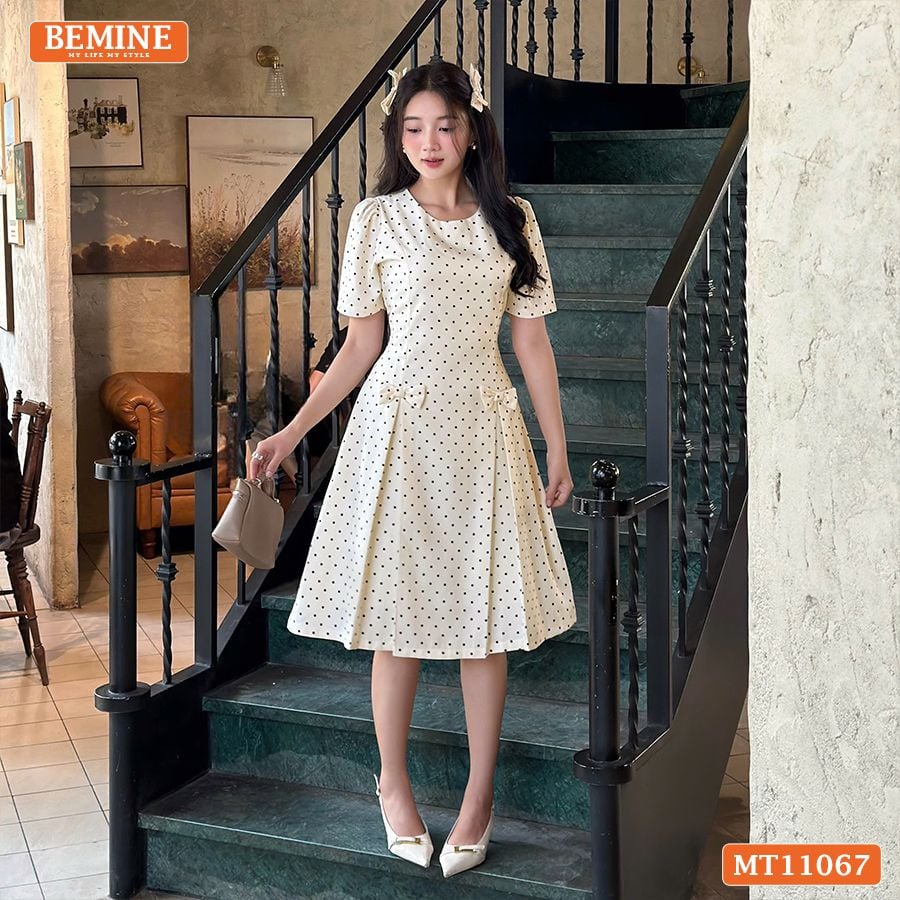 Đầm thiết kế BEMINE cổ tròn họa tiết chấm bi dáng chữ A phù hợp đi làm-MT11067