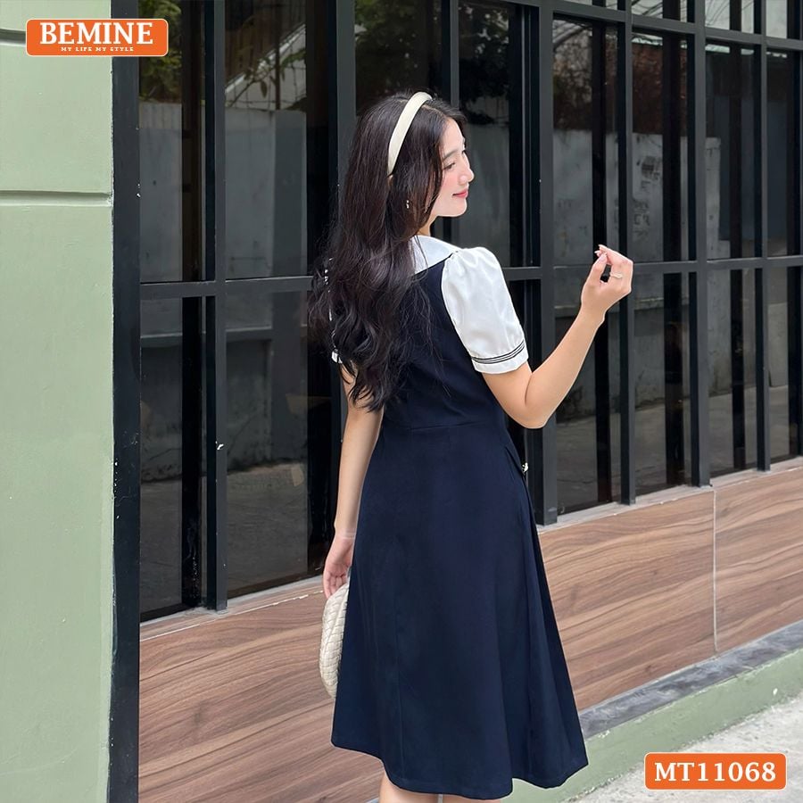 Đầm thiết kế BEMINE cổ thủy thủ đính nơ có viền dáng chữ A MT11068