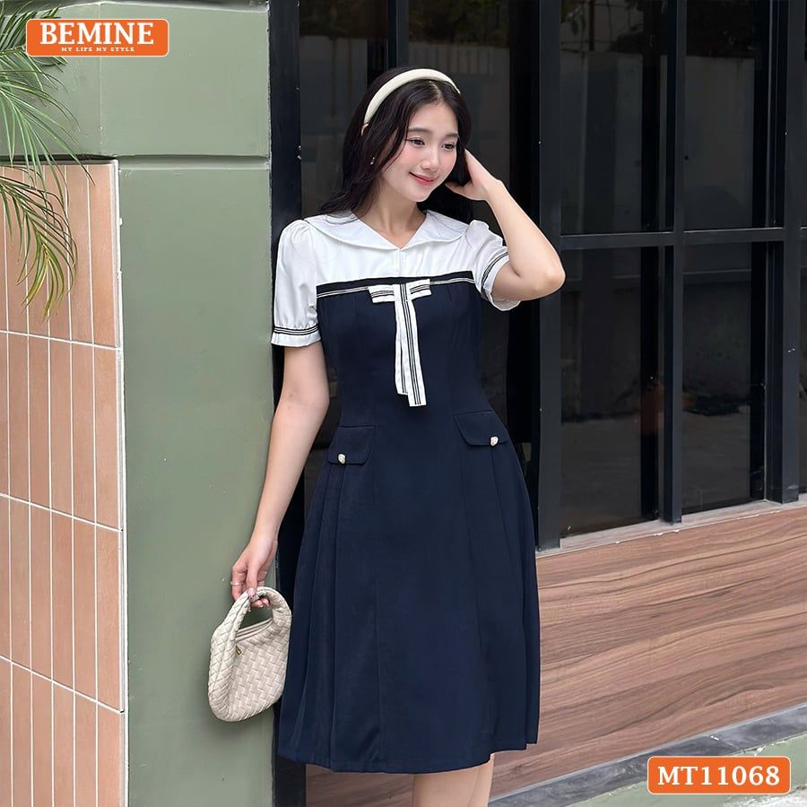 Đầm thiết kế BEMINE cổ thủy thủ đính nơ có viền dáng chữ A MT11068
