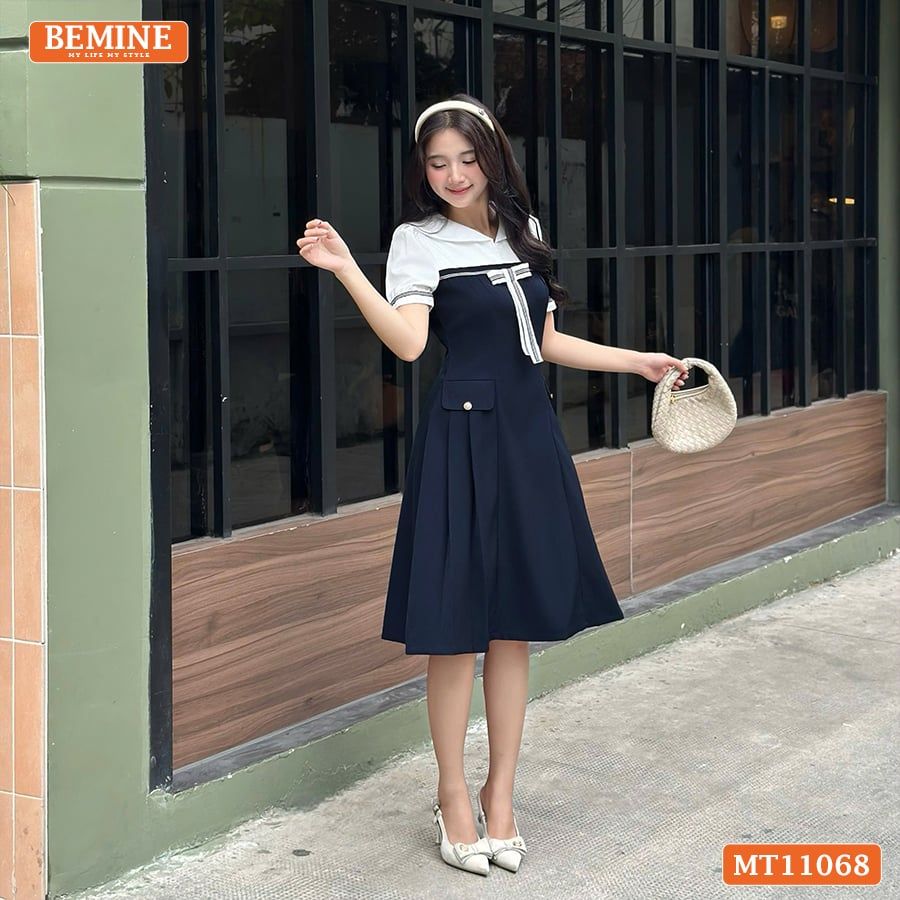 Đầm thiết kế BEMINE cổ thủy thủ đính nơ có viền dáng chữ A MT11068