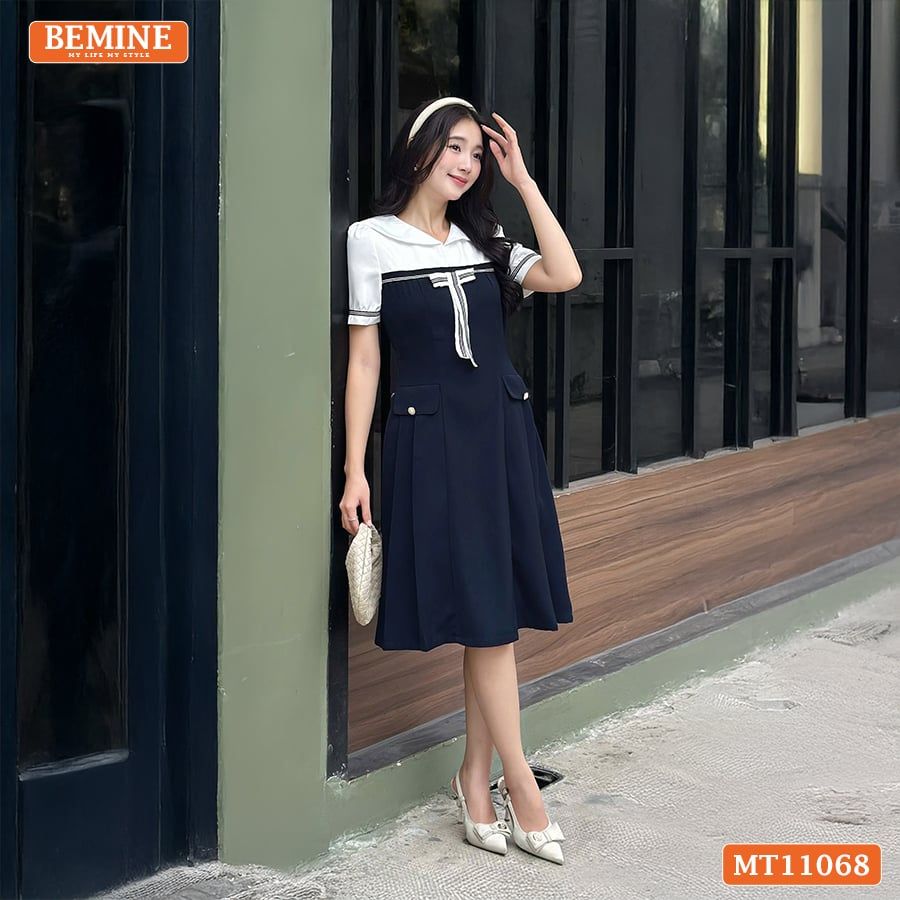 Đầm thiết kế BEMINE cổ thủy thủ đính nơ có viền dáng chữ A MT11068
