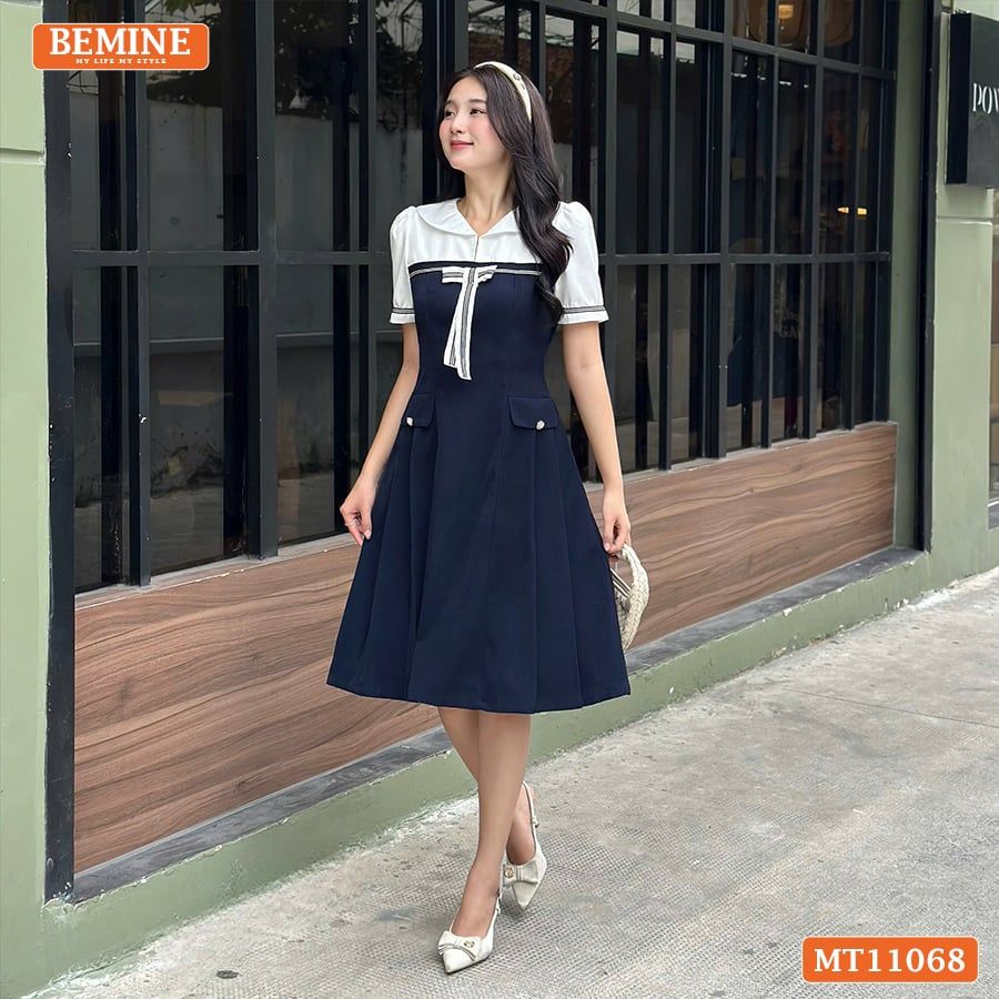 Đầm thiết kế BEMINE cổ thủy thủ đính nơ có viền dáng chữ A MT11068