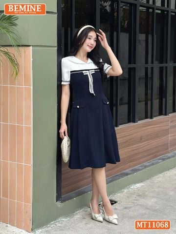 Đầm thiết kế BEMINE cổ thủy thủ đính nơ có viền dáng chữ A MT11068