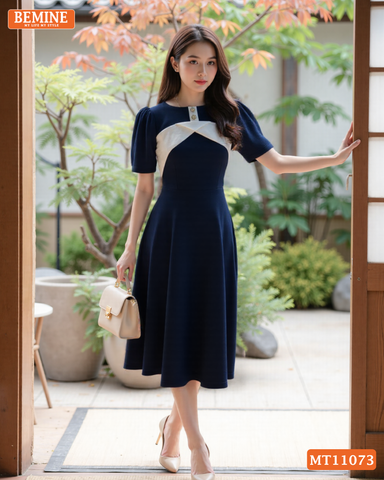 Đầm thiết kế BEMINE cổ thuyền đính cúc dáng chữ A MT11073
