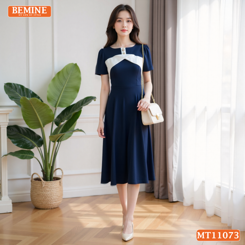 Đầm thiết kế BEMINE cổ thuyền đính cúc dáng chữ A MT11073