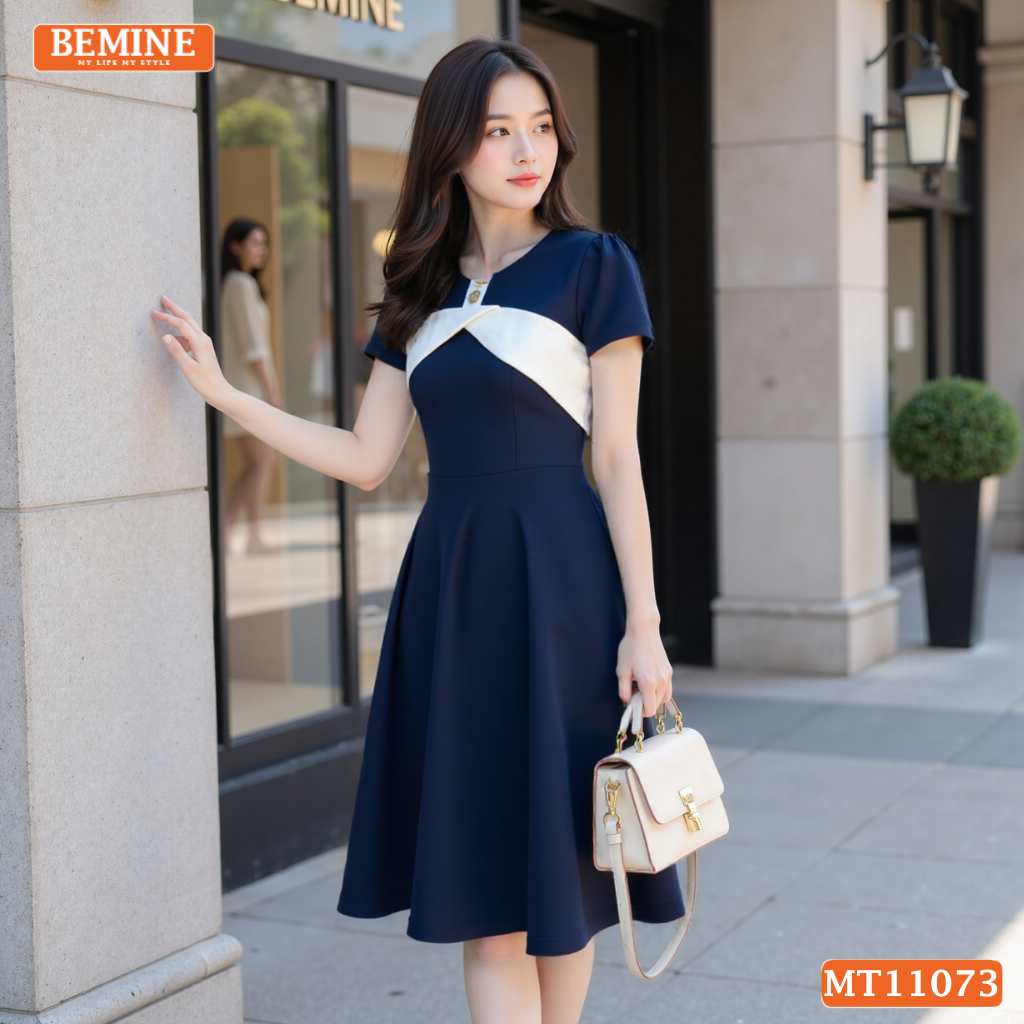Đầm thiết kế BEMINE cổ thuyền đính cúc dáng chữ A MT11073