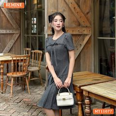 Đầm thiết kế BEMINE cổ tròn đính nơ dáng chữ A tùng xếp ly MT11077