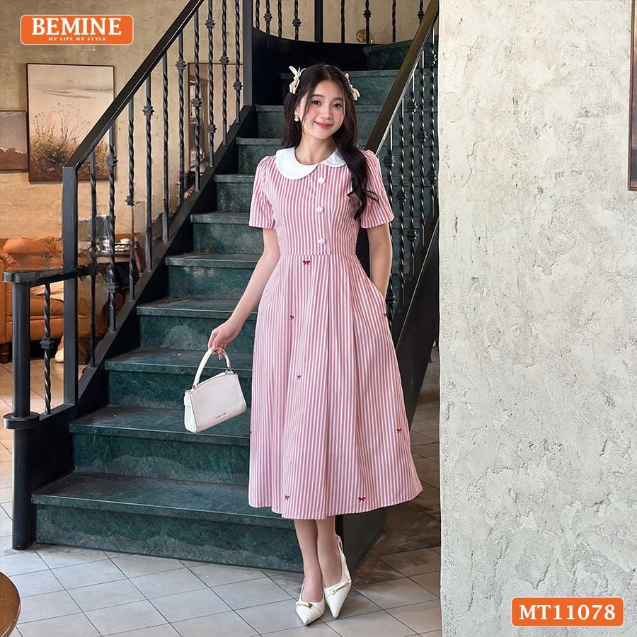 Đầm thiết kế BEMINE cổ sen cúc lệch dáng chữ A phù hợp đi chơi-MT11078