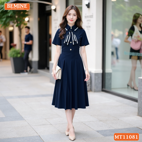 Đầm thiết kế BEMINE cổ đức đính nơ phối viền dáng chữ A MT11081