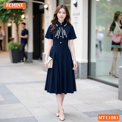 Đầm thiết kế BEMINE cổ đức đính nơ phối viền dáng chữ A MT11081