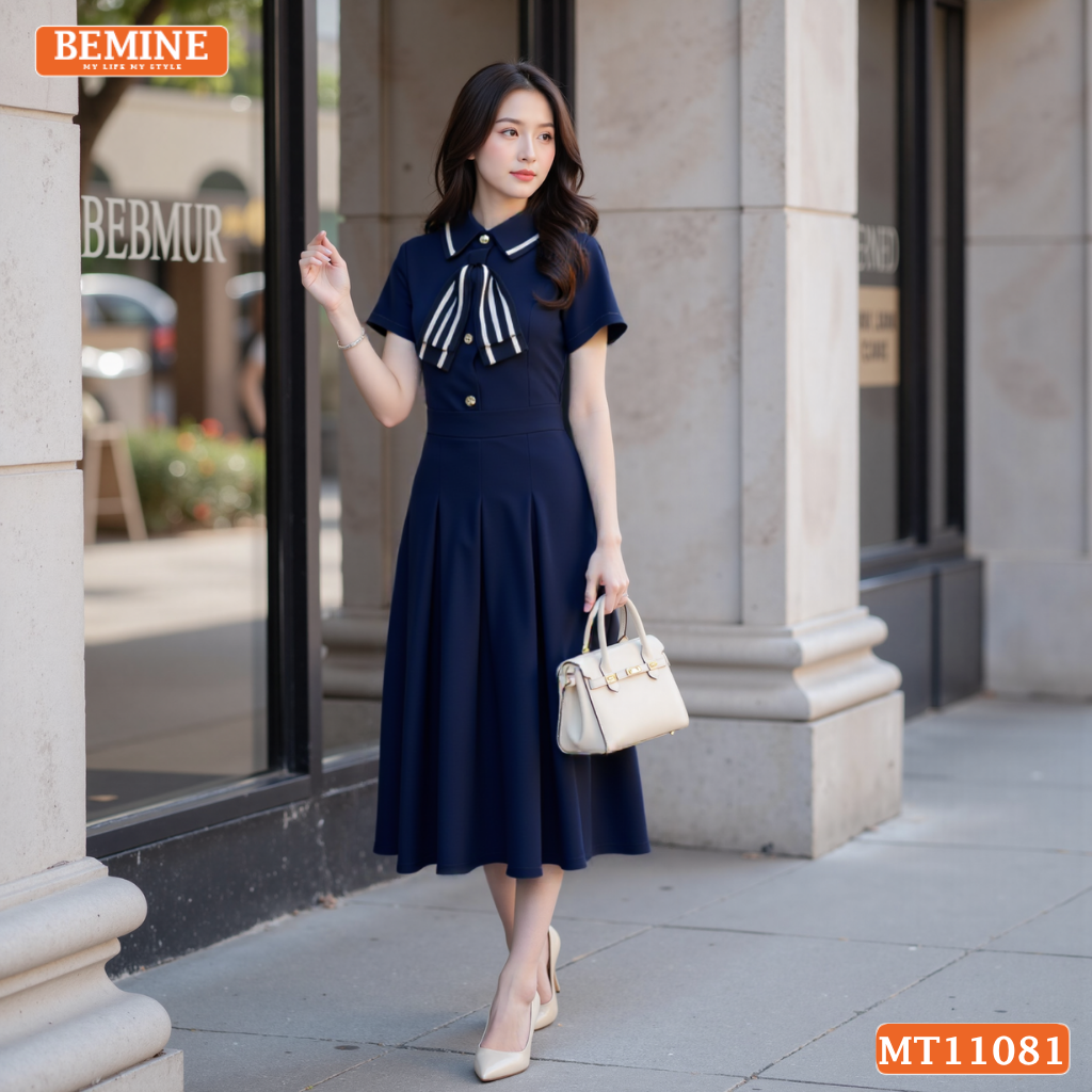 Đầm thiết kế BEMINE cổ đức đính nơ phối viền dáng chữ A MT11081