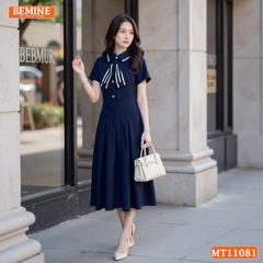 Đầm thiết kế BEMINE cổ đức đính nơ phối viền dáng chữ A MT11081