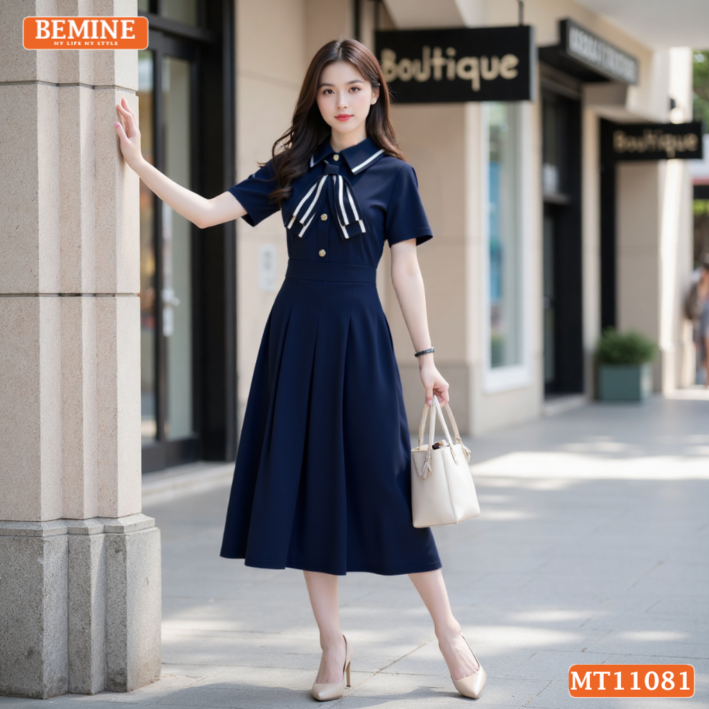 Đầm thiết kế BEMINE cổ đức đính nơ phối viền dáng chữ A MT11081