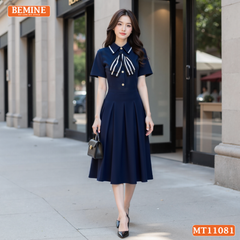 Đầm thiết kế BEMINE cổ đức đính nơ phối viền dáng chữ A MT11081
