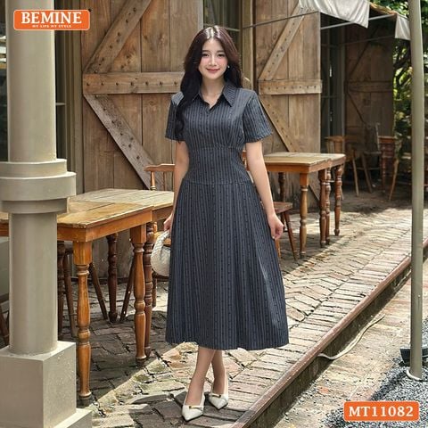 Đầm thiết kế BEMINE cổ sơ mi sọc in nơ dáng chữ A MT11082