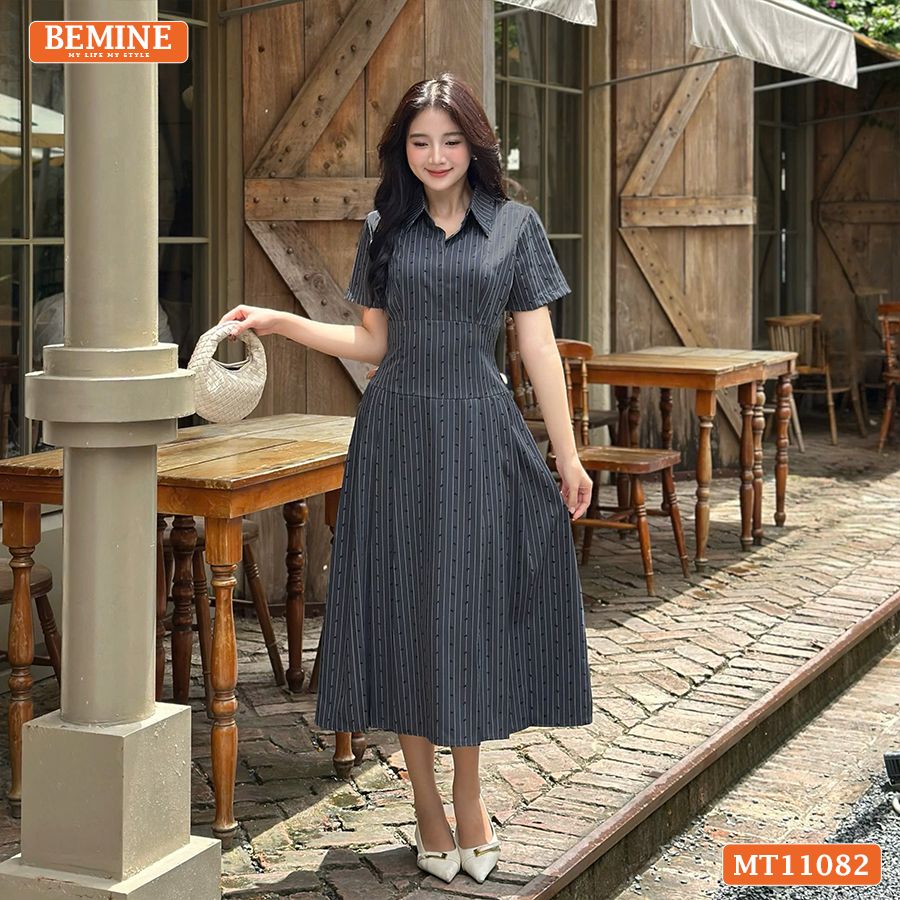 Đầm thiết kế BEMINE cổ sơ mi sọc in nơ dáng chữ A MT11082