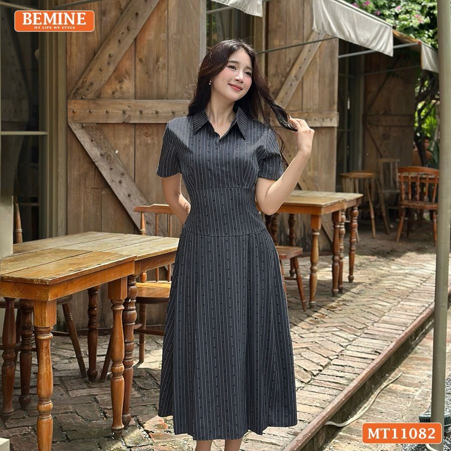 Đầm thiết kế BEMINE cổ sơ mi sọc in nơ dáng chữ A MT11082