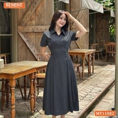 Đầm thiết kế BEMINE cổ sơ mi sọc in nơ dáng chữ A MT11082