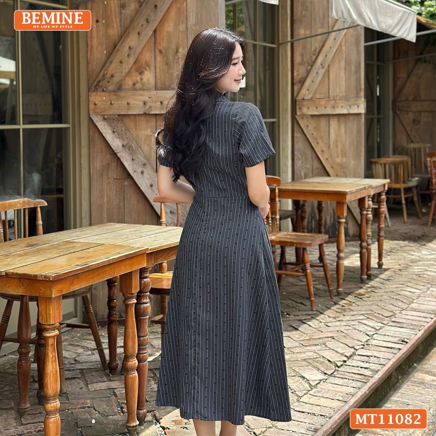 Đầm thiết kế BEMINE cổ sơ mi sọc in nơ dáng chữ A MT11082