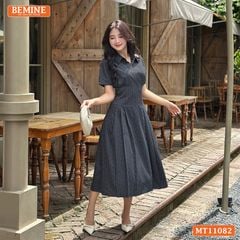 Đầm thiết kế BEMINE cổ sơ mi sọc in nơ dáng chữ A MT11082