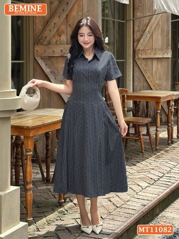 Đầm thiết kế BEMINE cổ sơ mi sọc in nơ dáng chữ A MT11082