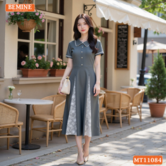 Đầm thiết kế BEMINE cổ sen cách điệu viền ren dáng chữ A MT11084