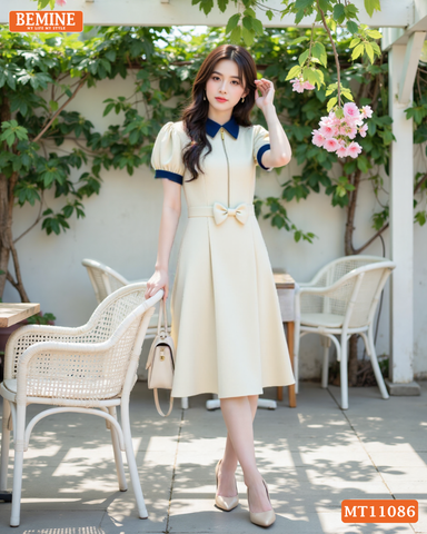 Đầm thiết kế BEMINE cổ đức dây kéo trước nơ eo dáng chữ A MT11086