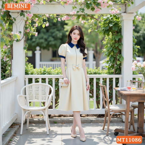 Đầm thiết kế BEMINE cổ đức dây kéo trước nơ eo dáng chữ A MT11086