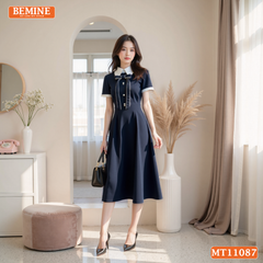 Đầm thiết kế BEMINE cổ đức đính nơ có viền dáng chữ A MT11087