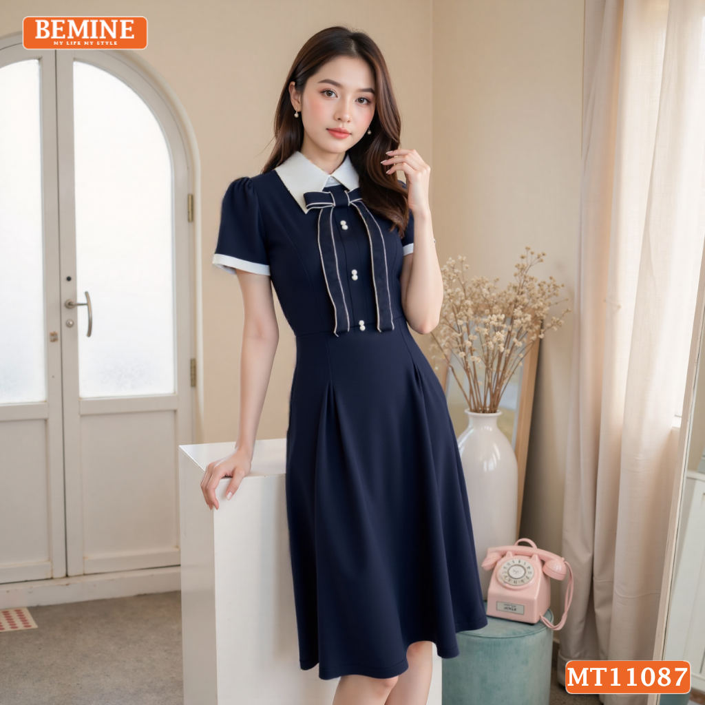 Đầm thiết kế BEMINE cổ đức đính nơ có viền dáng chữ A MT11087