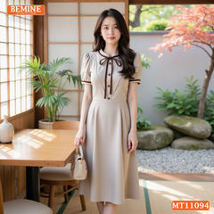 Đầm thiết kế BEMINE cổ tròn có dây nơ phối bèo dáng chữ A MT11094