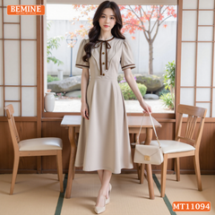 Đầm thiết kế BEMINE cổ tròn có dây nơ phối bèo dáng chữ A MT11094