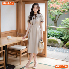 Đầm thiết kế BEMINE cổ tròn có dây nơ phối bèo dáng chữ A MT11094