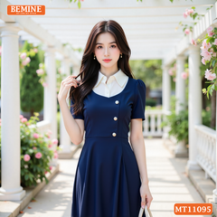 Đầm thiết kế BEMINE cổ sơ mi phối đính cúc dáng chữ A MT11095