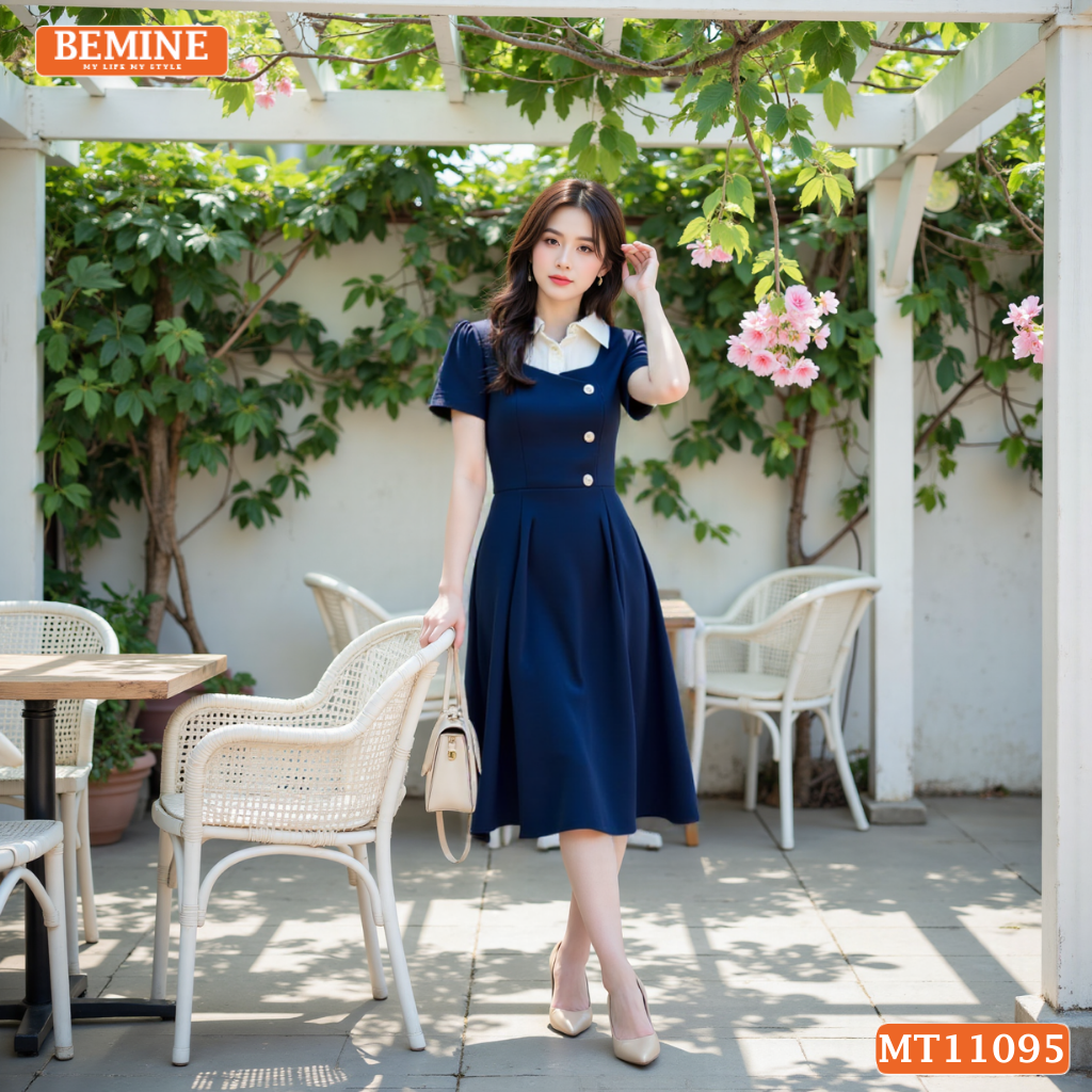 Đầm thiết kế BEMINE cổ sơ mi phối đính cúc dáng chữ A MT11095
