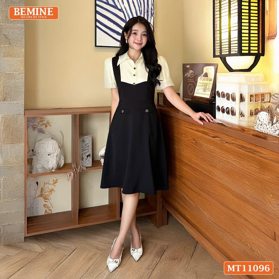 Đầm thiết kế BEMINE cổ sơ mi phối tơ giả yếm MT11096