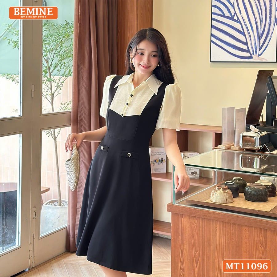 Đầm thiết kế BEMINE cổ sơ mi phối tơ giả yếm MT11096