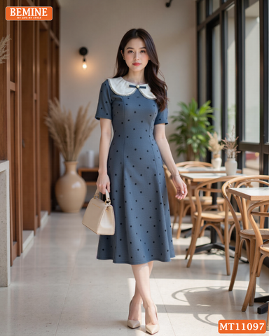 Đầm thiết kế BEMINE cổ sen viền ren họa tiết chấm bi dáng chữ A phù hợp đi làm-MT11097